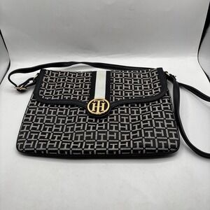 TOMMY HILFIGER MONOGRAM CROSSBODY MESSENGER BAG PURSE Black/White Gold Hardware